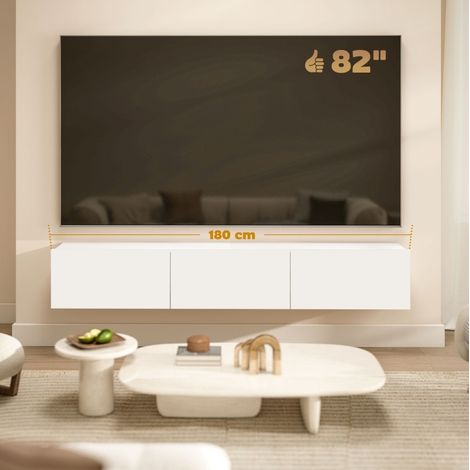 Meuble TV mural 180x31,5x29,8 cm en bois blanc, gain de place, salon, FLORAGRACE (1/5)
