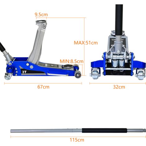 Cric hydraulique aluminium 3 tonnes adapté SUV et camions. Capacité 6600 lb avec selle supplémentaire, conception robuste bleu