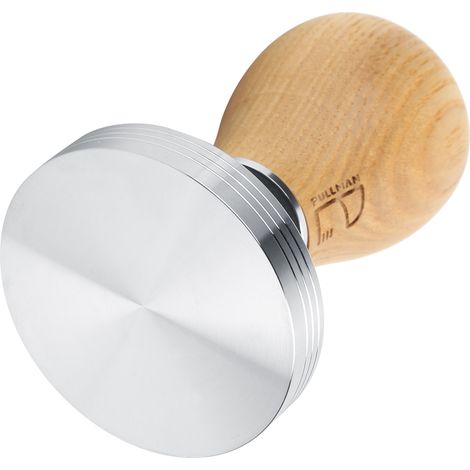 58 mm Edelstahl-Flachstampfer für Kaffeepulver, höhenverstellbarer Holzgriff, helle Holzfarbe (1/5)