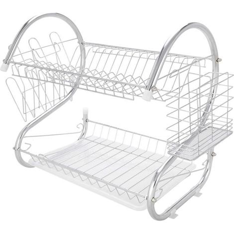 1 égouttoir à vaisselle 2 niveaux, antirouille, avec panier à couverts et plateau amovible, pour comptoir de cuisine (1/4)