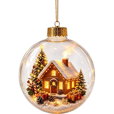 Boule à neige de Noël en acrylique avec lumière LED, scène de traîneau de rennes enneigée, décoration à suspendre pour sapin de Noël de style américain (1/5)