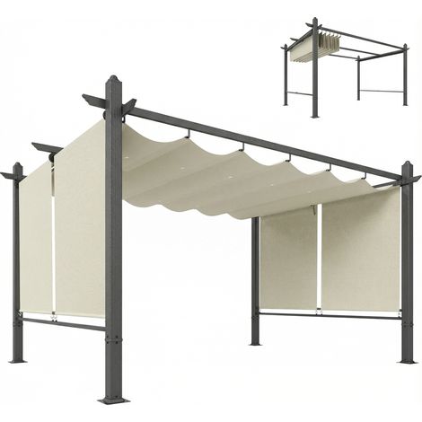 Outsunny pérgola de jardín 4x3 m con techo retráctil y 4 cortinas automáticas, cenador de jardín con upf50+, estructura de aluminio, drenaje, crema