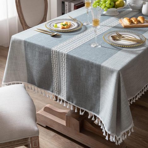 Nappe brodée 140x140 cm Gris Rayé, Rustique, Infroissable, avec pompons