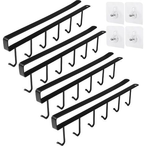 4 Pièces Porte Tasse Suspendue, Tasse Rangement Crochets, Porte-Tasses Cabinet Crochets Sous Armoir, Support Tasse A Cafe Suspendu, Crochets de rangement pour Tasses, Sans Perçage (Noire) (1/4)
