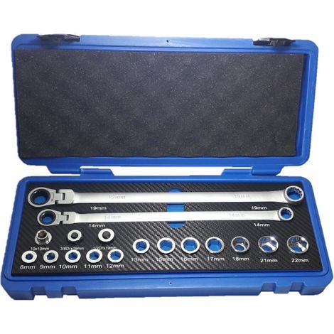 VALIGIA SET CHIAVI A BUSSOLA 17 PEZZI LUNGHE A CRICCHETTO CON SNODO da 8 a 22mm (1/5)