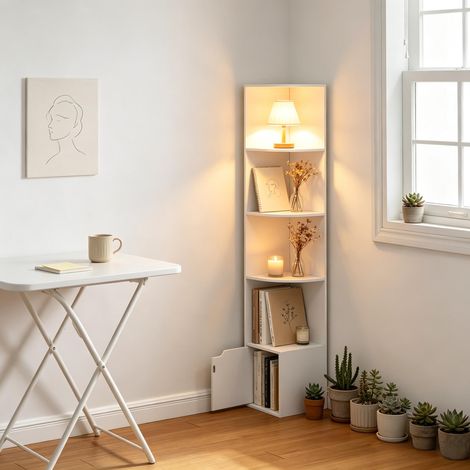 Étagère d'angle en bois pour bureau, bibliothèque sur pied design, meuble de rangement étroit pour salon, présentoir à livres et objets, unité de stockage élégante (sans accessoires) (1/5)