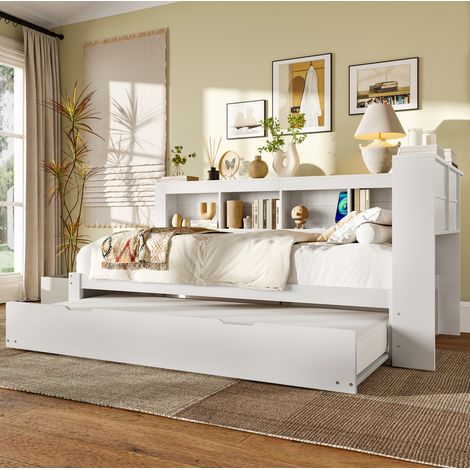 Bett 90x200 Schlafsofa ausziehbar mit USB Weiß HAVRYA (1/5)