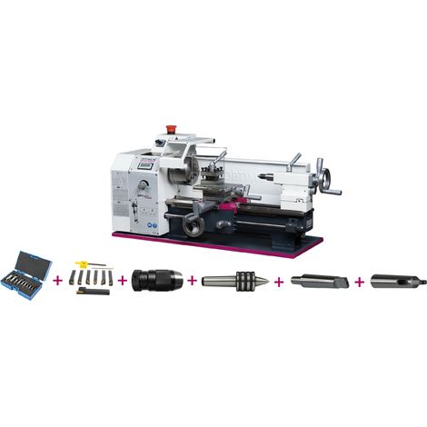 Tour à métaux d'établi hauteur des pointes 100 mm entre-pointes 300 mm alésage 21 mm 0,6 kW 230V avec acessoires Optiturn TU2004V PACK