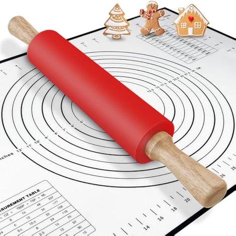 Rouleau à pâtisserie et tapis de cuisson Rouleau silicone antiadhésif lisse Rouleau à pâte professionnel avec manche en bois pour pâtisserie, pizza, fondant, glaçage Idée cadeau pour accessoires de (1/4)