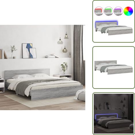 The Living Store Cadre de lit avec LED sans matelas sonoma gris 200x200 cm - Lit Double - Cadre De Lit - Éclairage LED - Lit Moderne - Lit Design