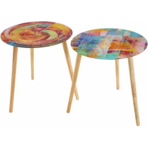 Set de deux tables basses en verre multicolore- Longueur 40 x Profondeur 40 x Hauteur 40 cm (1/4)