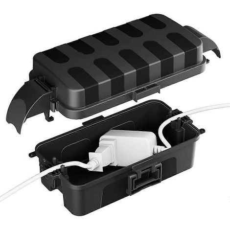 Boîtier d'alimentation extérieur étanche IP55 avec pare-soleil amovible, mesurant 7,1 x 3,9 x 2,4 pouces, compatible avec les rallonges et les prises extérieures. (1/5)