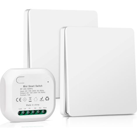 Interrupteur Sans Fil Sans Pile 230v, Télécommande Jusqu'à 50-200 m Interrupteur va et Vient Sans Fil 230v, Kit Interrupteur Sans Fil Étanche Aucun Câblage Requis, 1 récepteur, 2 commutateurs (1/5)