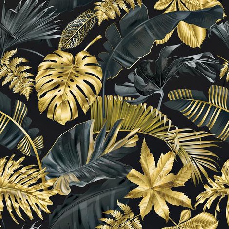 Papier Peint Jungle Noir et Or 60CM X 300CM Vinyle Adhesif Decoratif Feuilles de Palmier Mural Rouleau Adhesif pour Meuble Autocollant Decoration Chambre Salon Credence Cuisine (1/5)