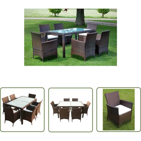 The Living Store 7-tlg. Garten-Essgruppe mit Auflagen Poly Rattan Braun - Gartenmöbelset - Esstisch - Rattan Gartenmöbel - Outdoor Möbel - Balkonmöbel (1/5)