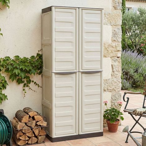 Dmora - Armadio da esterno Adenina, Mobile balcone multiuso, Armadietto outdoor 2 ante, 100% Made in Italy, Beige e Marrone, Finitura righe, 70x39h165 cm (1/4)