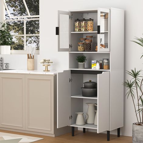 Grande bibliothèque avec porte en verre trempé et tablette réglable, 4 portes, meuble en MDF laqué, blanc, rangement pour salon et chambre