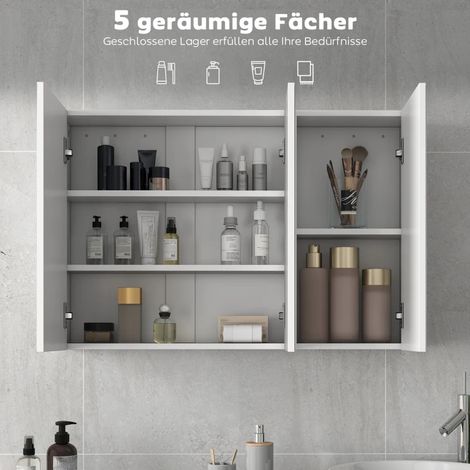 Meuble vasque suspendu blanc avec miroir, 3 portes réfléchissantes, fixation murale, 90 x 15,5 x 60 cm, en panneaux de particules, idéal pour salle d'eau. (1/5)