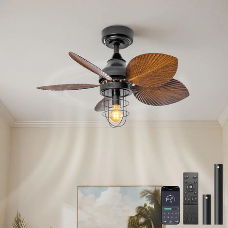 Lampe ventilateur rétro, lampe ventilateur de chambre à coucher vestiaire, noir , grain de noyer, 5 feuilles, E27, sans ampoule (1/5)
