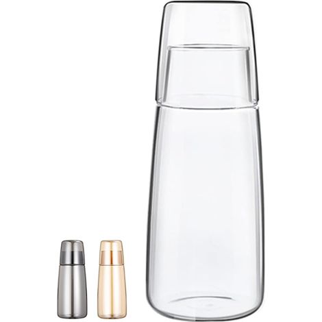 Carafe à eau de chevet avec gobelet, carafe avec tasse en verre pour table de chevet, bouteille de rince-bouche avec tasse et couvercle, pour chambre/chambre d'amis/salle de bain 750 ml(transparent) (1/4)