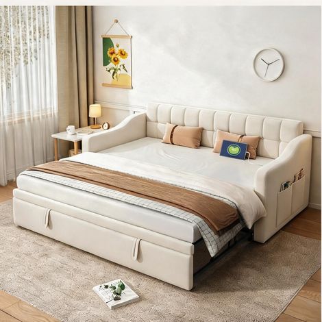 Cadre de lit beige en upholstered 207 x 99 x 80 cm (1/5)