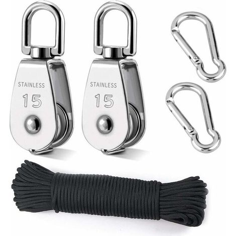 Heberolle, 2 Stück 15 mm 304 Edelstahlrolle, 2 Stück M15 Einzelrolle, für Seile und Kabel, mit 8 mm Kletterseil 20 m