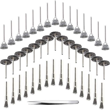 45 Pièces Brosse Métallique pour Perceuse, Fil d'Acier Inoxydable avec Pinces à Épiler, Mini Brosse à Main pour Polissage, Dérouillage, Bois en Ébarbage (1/5)