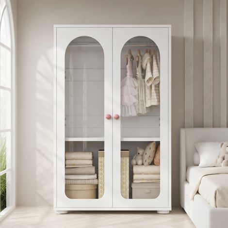 Armoire penderie 80x50x120 cm, 2 portes transparentes en acrylique, poignées en céramique, MDF, blanc laqué (1/5)