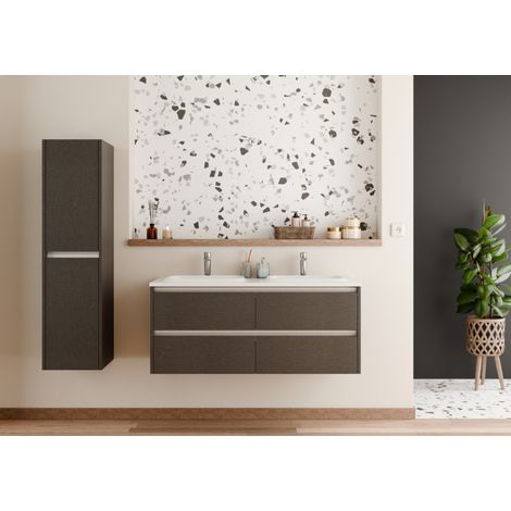 Sanitaire – Meuble sous-vasque double vasque 120cm – 4 tiroirs avec fermeture amortie – Mélaminé tissé gris – Plan en céramique blanc brillant