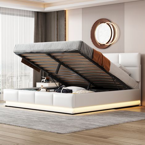 Lit rembourré 160 x 200 cm avec LED, sommier à lattes métallique et coffre de lit, lit double avec tête de lit rembourrée réglable en hauteur et rangement hydraulique, blanc (sans matelas (1/5)