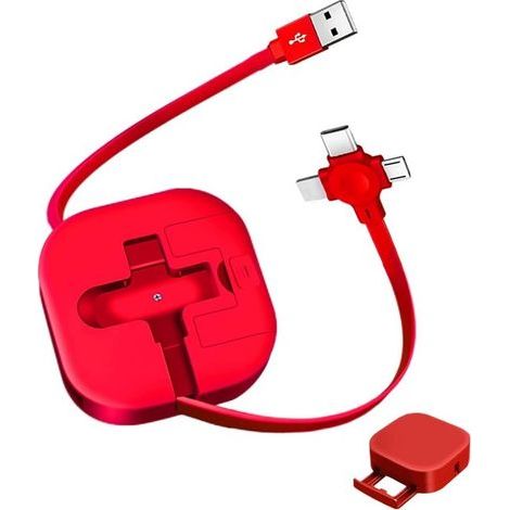 Longziming - Câble de charge rétractable - Câble multi-charges - Charge rapide 5 A - Compatibilité 3 en 1 - Matériau TPE - Conception compacte et sans nœuds - 1 pièce - Rouge (1/5)
