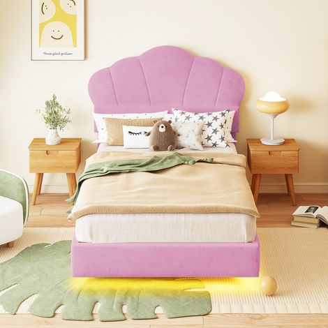 Lit capitonné LED 90x200 cm nuage enfant rose velours – lit jeune garçon/fille, pieds cachés, sans matelas (1/4)