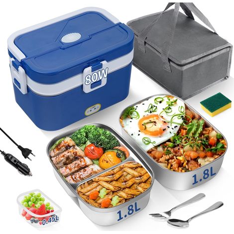 Lunch Box Chauffante Électrique 80W à Deux Étages, Gamelle Chauffante en Acier Inoxydable avec 2 Boîtes Amovibles, 3 en 1 Portable 12V/24V/220V pour Voiture et Bureau (Bleu et Blanc, 1,8 L) (1/5)
