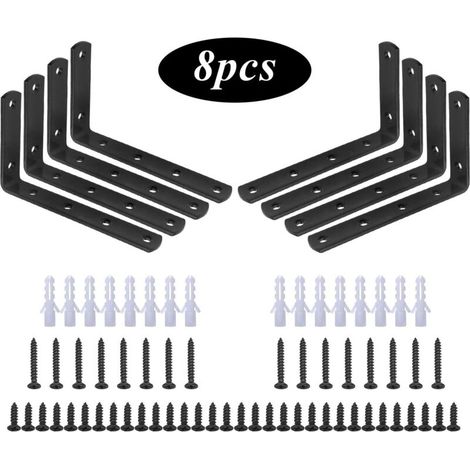 Soporte de fijación, 8 soportes en ángulo recto en forma de L de acero inoxidable negro, soporte para estante de 125 mm x 75 mm x 20 mm/refuerzo de esquina con 48 tornillos y 16 anclajes.