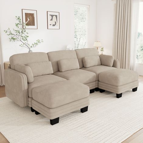 Détente sur mesure et assise profonde, canapé modulable 3 places avec 2 poufs 253x143 cm, pour salon et séjour (1/5)