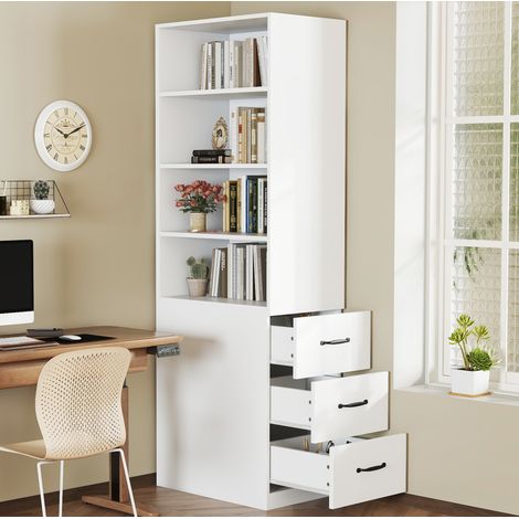 Libreria 60x30x180 cm, design salvaspazio, 3 cassetti laterali, ripiani regolabili, truciolare, bianco (1/5)