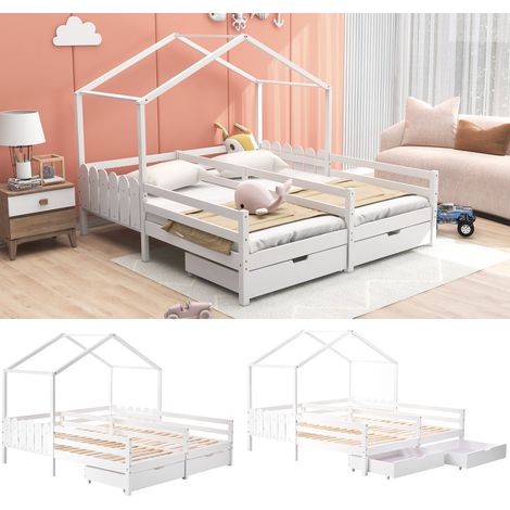 CAIziLit cabane enfant 90x200, 2 tiroirs MDF, roulettes, sommier pin, blanc (1/5)