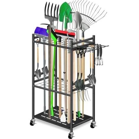 Étagère à outils de jardin avec crochets mobiles et roulettes verrouillables – Rangement facile des accessoires d'outils dans le jardin, garage grâce aux roues pivotantes 360° - (1/5)