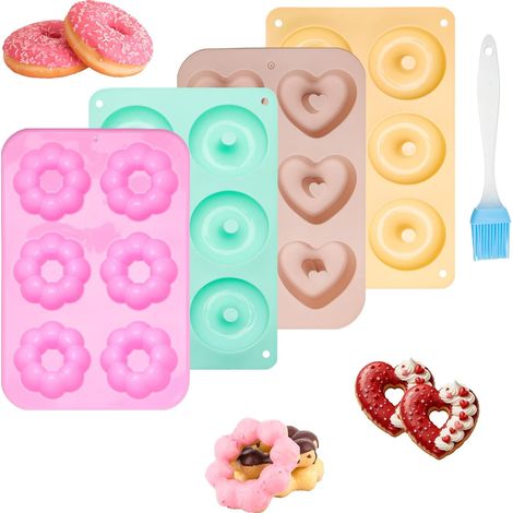 Lot de 4 moules à donuts - En silicone - 3 couleurs - Avec pinceau à huile - Antiadhésif - Pour gâteaux, bagels, muffins, petits pains (rond, fleurs et cœur) (1/5)