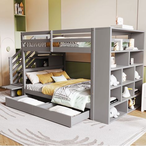 Etagenbett 278x95x139.5 cm grau aus Holz mit Sicherheitstreppe, Stauraum und hohen Schutzgittern (1/5)
