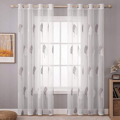 Voile Curtains with Leaf Design Grey and White 140 x 300 (1/5)