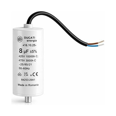 Condensateur moteur monophasé 425V / 450V / 475V – Condensateur permanent avec câble – pompe piscine, nettoyeur haute pression, porte de garage et portail, compresseur (8μF / 8uF)