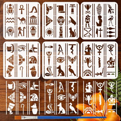 6 Pièces Pochoirs de Hiéroglyphes Égyptiens avec Pinceau 20x20cm Gabarit de Motif de Hiéroglyphes sur le Thème de l'Égypte Ancienne pour Peinture sur Bois Sol Mur Toile Meuble DIY (1/5)