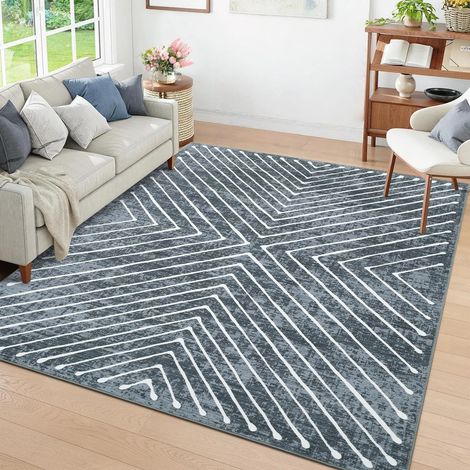 120 x 170 cm Tapis lavable pour salon, tapis géométrique moderne, tapis de chambre à coucher à rayures contemporains, tapis doux à poils courts pour chambre d'enfant, bureau, gris foncé (1/5)