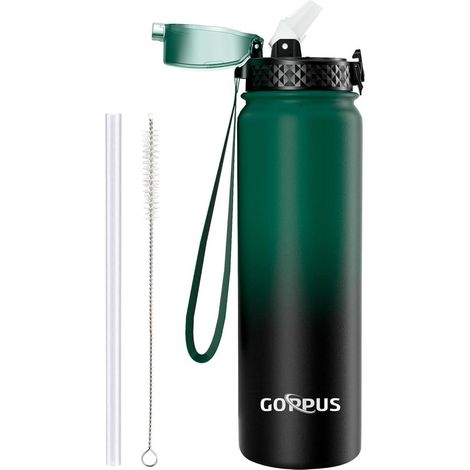 Thermosflasche Edelstahl 1L Gr&xFCn Schwarz 1000ml 32oz-1 Deckel (1/5)