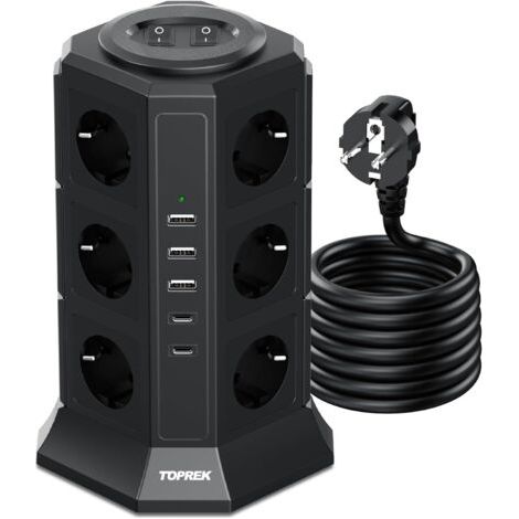 Multiprise avec 2 Interrupteur, 12 Prises Multiprise Electrique avec 3 USB A & 2 USB C, 4000W/16A, Multiprise Parafoudre et 2M Câble la Maison et au Bureau (Noir) (1/5)