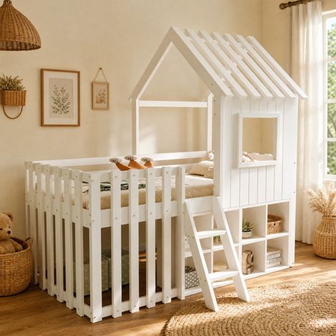 Lit enfant cabane 90 x 200 cm avec toit, fenêtre et échelle, avec rangement ouvert, blanc HAVRYA (1/5)