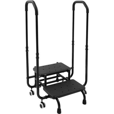 Marchepied de Bain avec Barre d'appui pour Seniors - Hauteur réglable sur 5 Positions (94,5-104,5cm) - Tabouret 2 marches - 136 kg, roulettes - Antidérapant pour Baignoire et Cuisine - Noir (1/5)