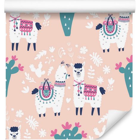 Papel pintado con alegres llamas, cactus y flores para salón y dormitorio, 50x1000 cm. (1/5)