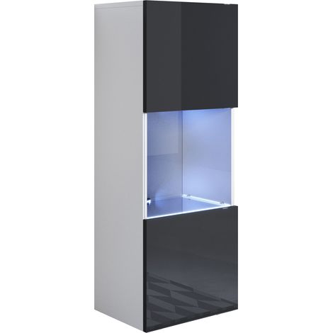 Vetrina Sospesa con LED  Mobile Soggiorno Moderno  Salotto  Vetrinetta pensile  40x126x28  Modello Luke V3  Bianco e Nero lucido